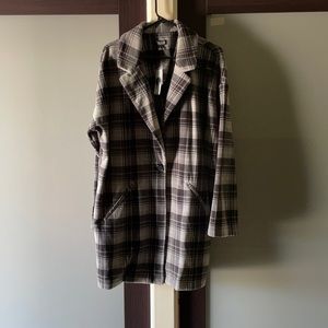 Fleece plaid long one button jacket 2 pockets